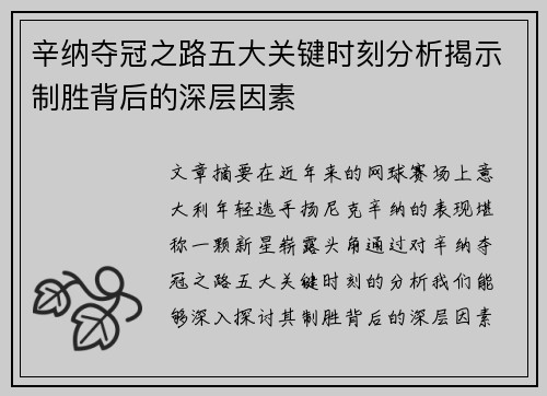 辛纳夺冠之路五大关键时刻分析揭示制胜背后的深层因素