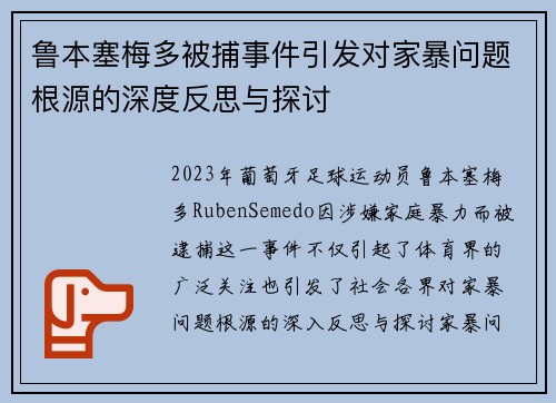鲁本塞梅多被捕事件引发对家暴问题根源的深度反思与探讨